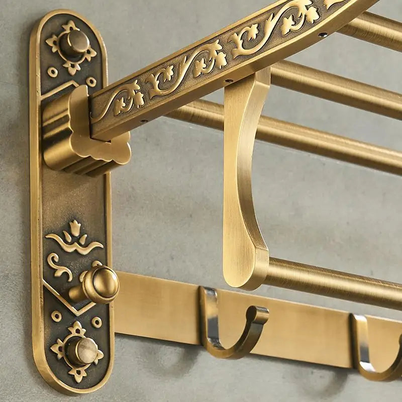 Toalheiro de Banho Dobrável Bronze Vintage com Prateleira Dupla e Ganchos