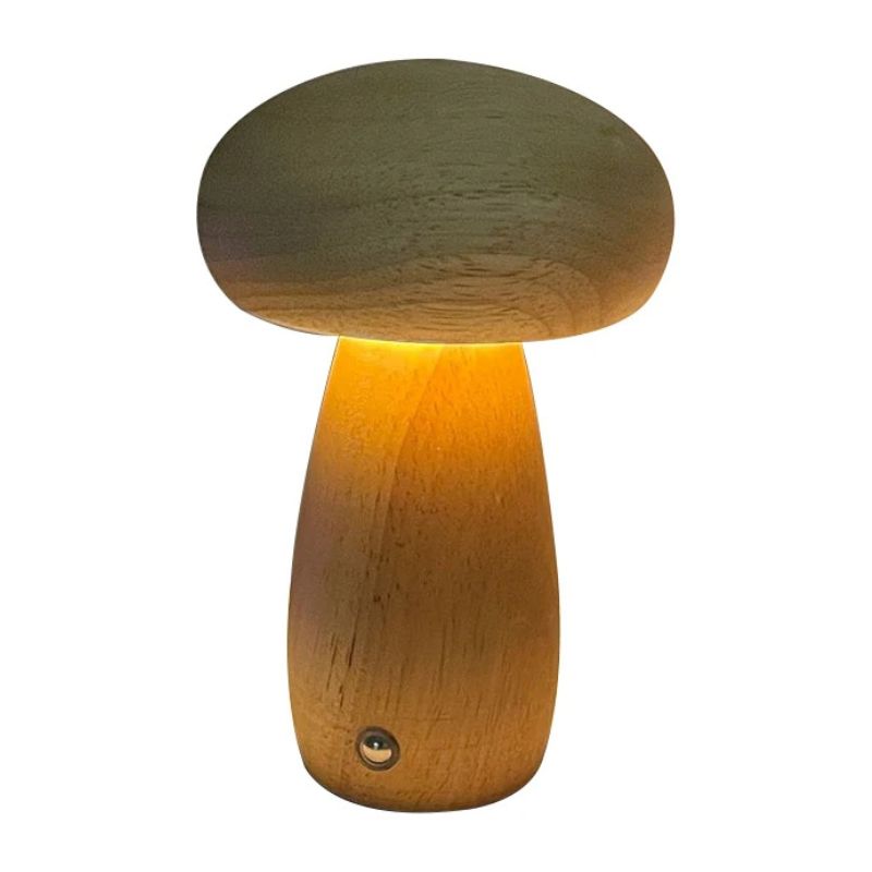 Luminária de Mesa Cogumelo em Madeira – Luz Regulável, Carregamento USB e Design Sofisticado