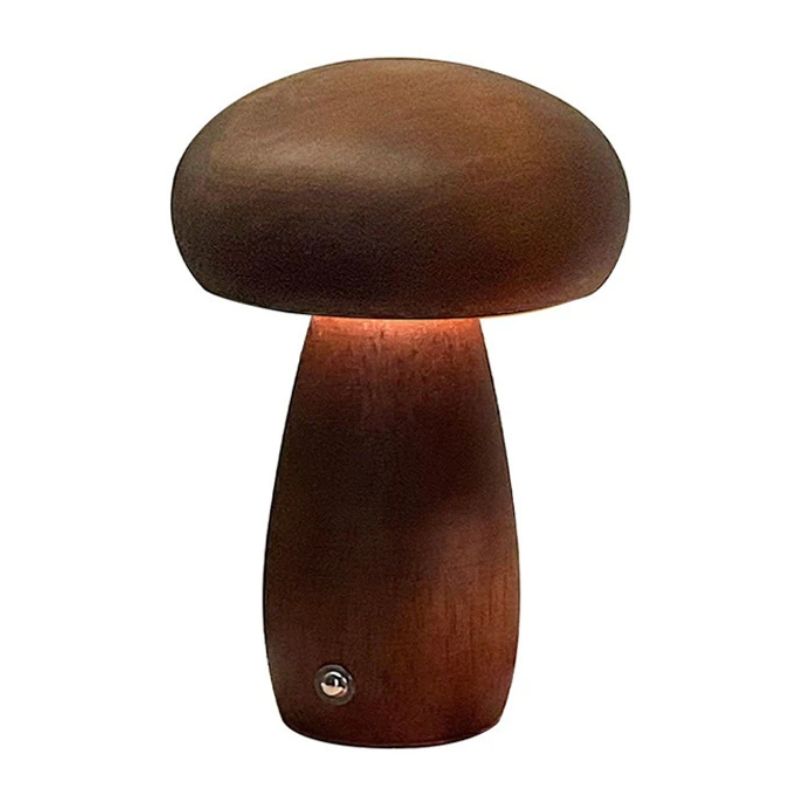 Luminária de Mesa Cogumelo em Madeira – Luz Regulável, Carregamento USB e Design Sofisticado