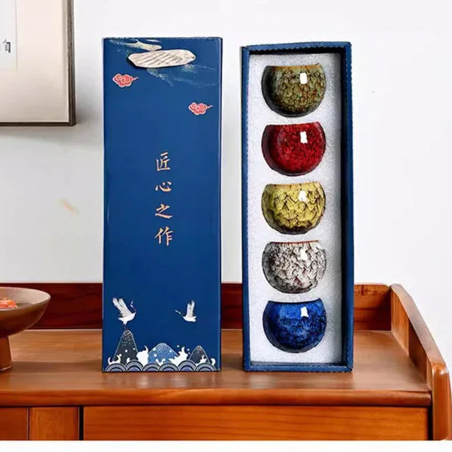 Kit Kung Fu - 5 Xícaras de Chá de Cerâmica em Cores Variadas