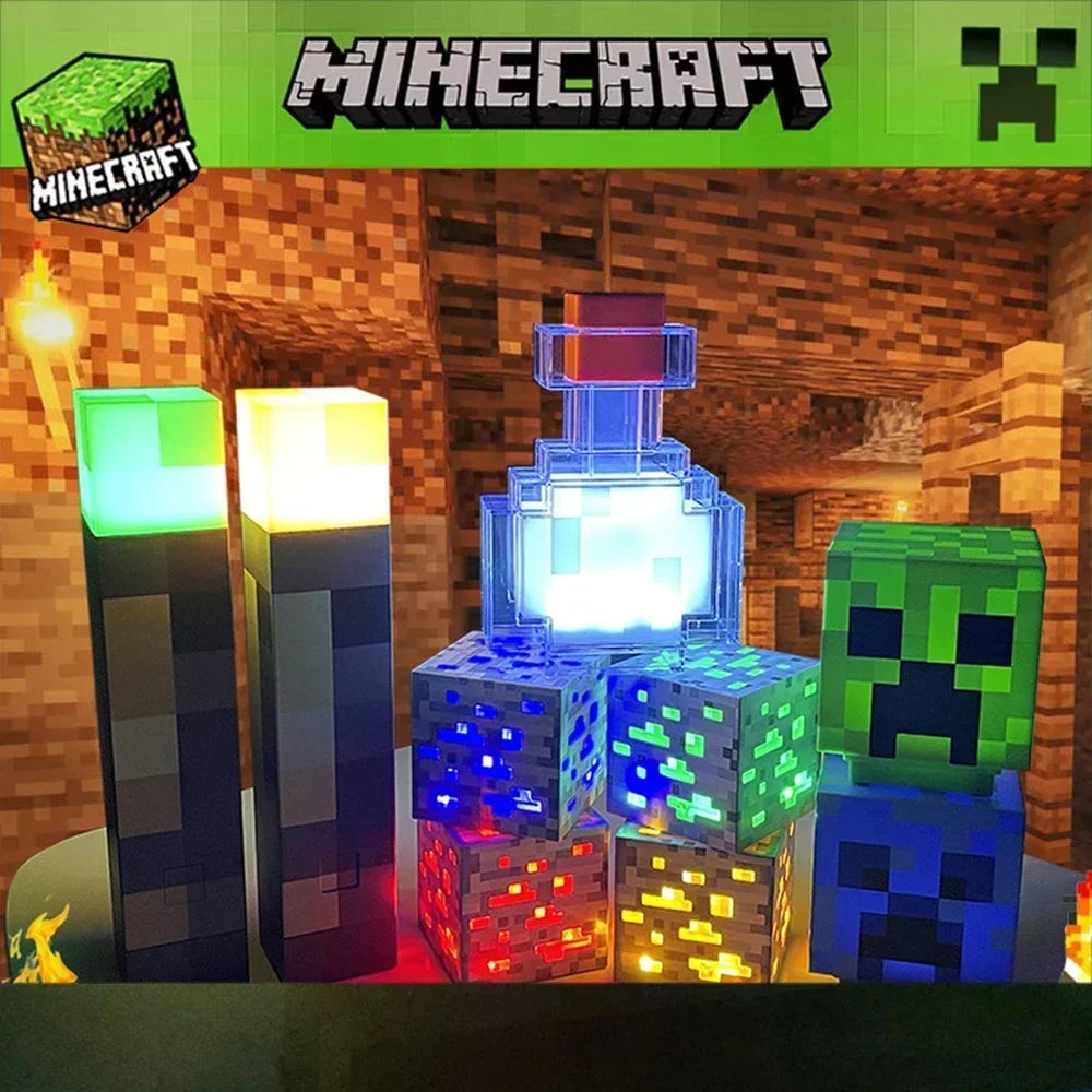 Luminárias Minecraft Recarregáveis – Cubo, Tocha ou Poção Mágica (LED, Sem Fio, 4 Cores)