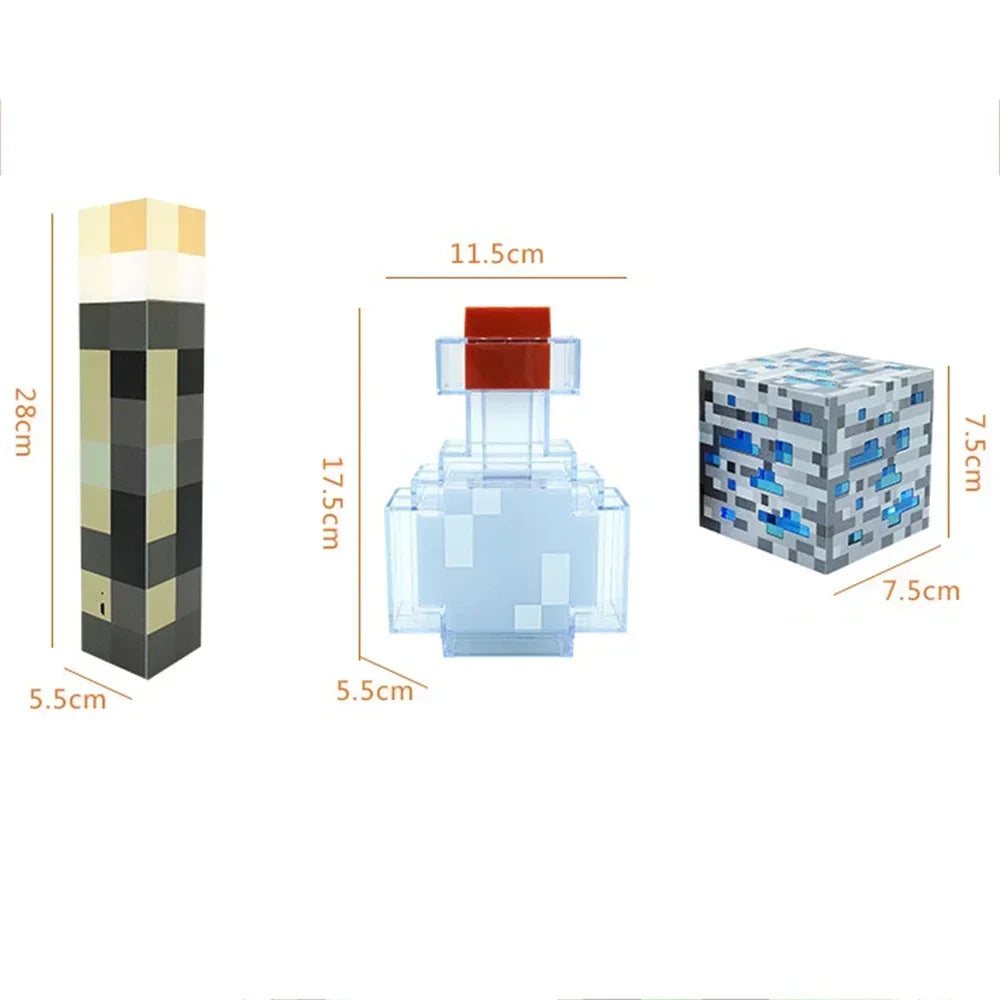 Luminárias Minecraft Recarregáveis – Cubo, Tocha ou Poção Mágica (LED, Sem Fio, 4 Cores)