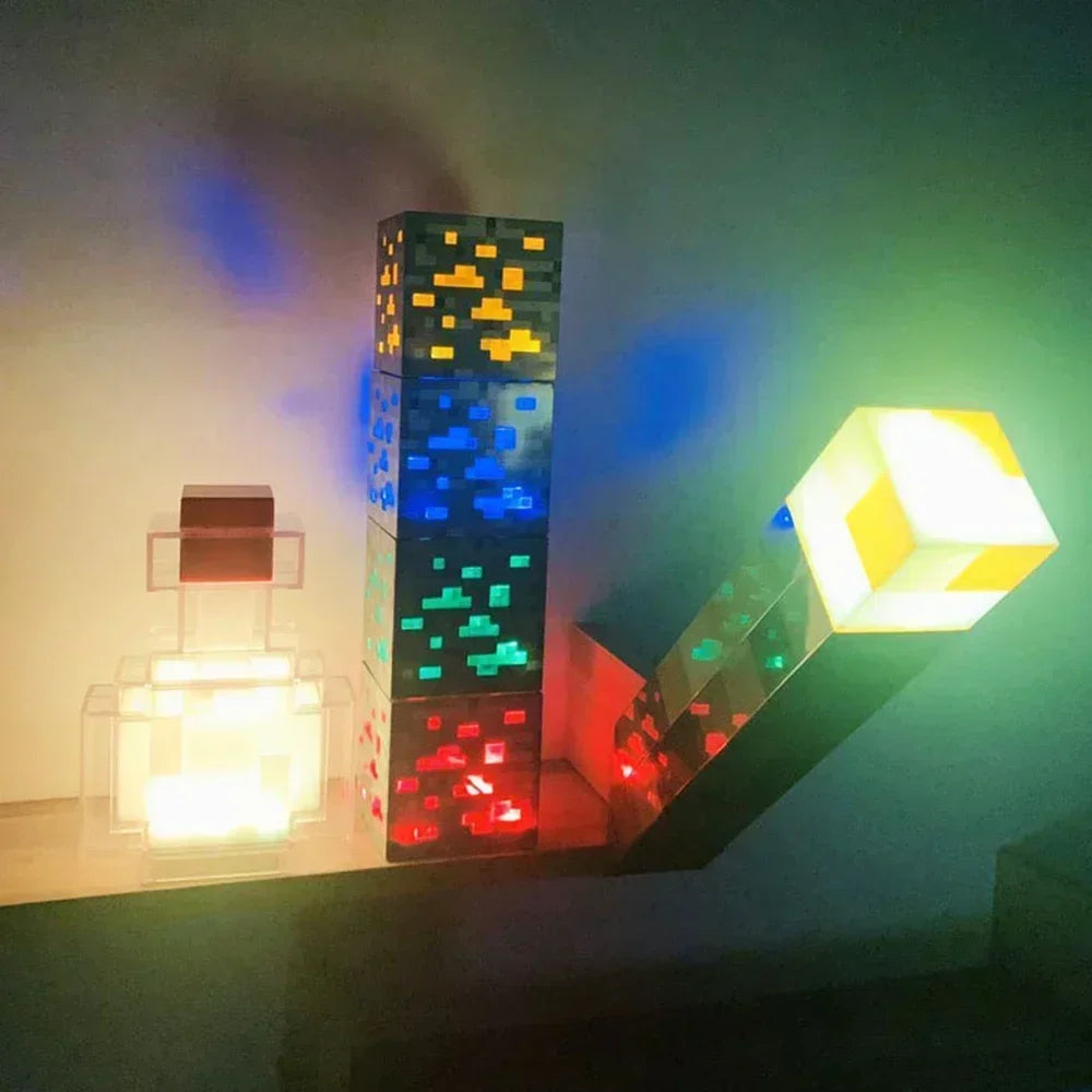 Luminárias Minecraft Recarregáveis – Cubo, Tocha ou Poção Mágica (LED, Sem Fio, 4 Cores)