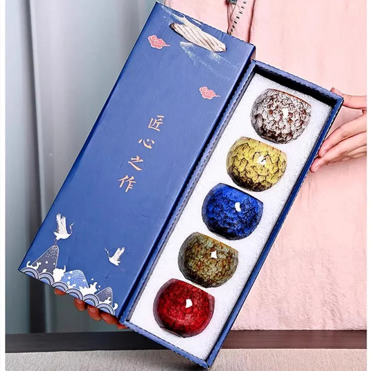 Kit Kung Fu - 5 Xícaras de Chá de Cerâmica em Cores Variadas