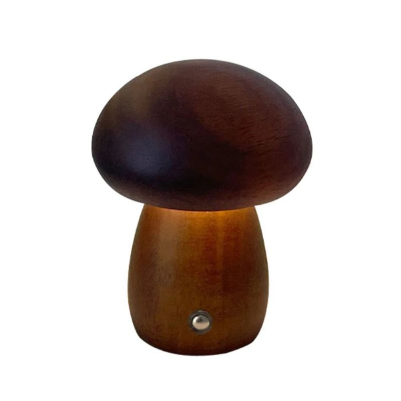 Luminária de Mesa Cogumelo em Madeira – Luz Regulável, Carregamento USB e Design Sofisticado