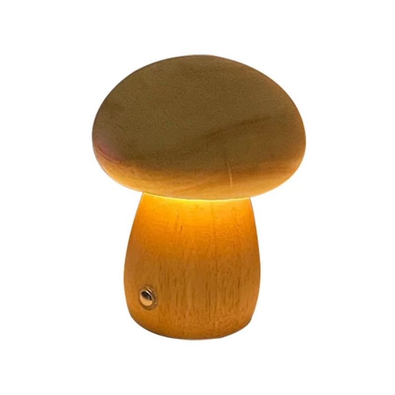 Luminária de Mesa Cogumelo em Madeira – Luz Regulável, Carregamento USB e Design Sofisticado