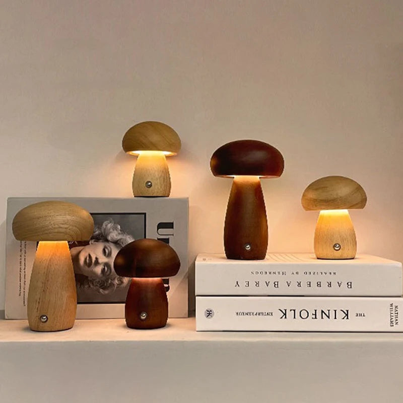 Wooden Mushroom Table Lamp – Dimmable Light, USB Charging and Sophisticated Design