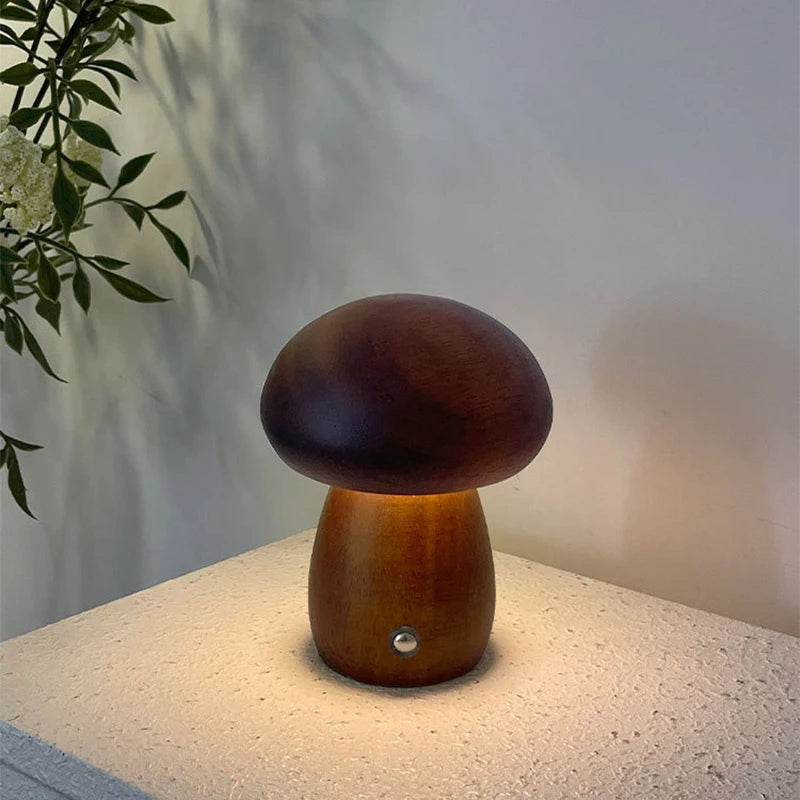 Wooden Mushroom Table Lamp – Dimmable Light, USB Charging and Sophisticated Design