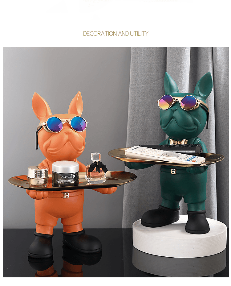 Escultura Bulldog Resina com Bandeja