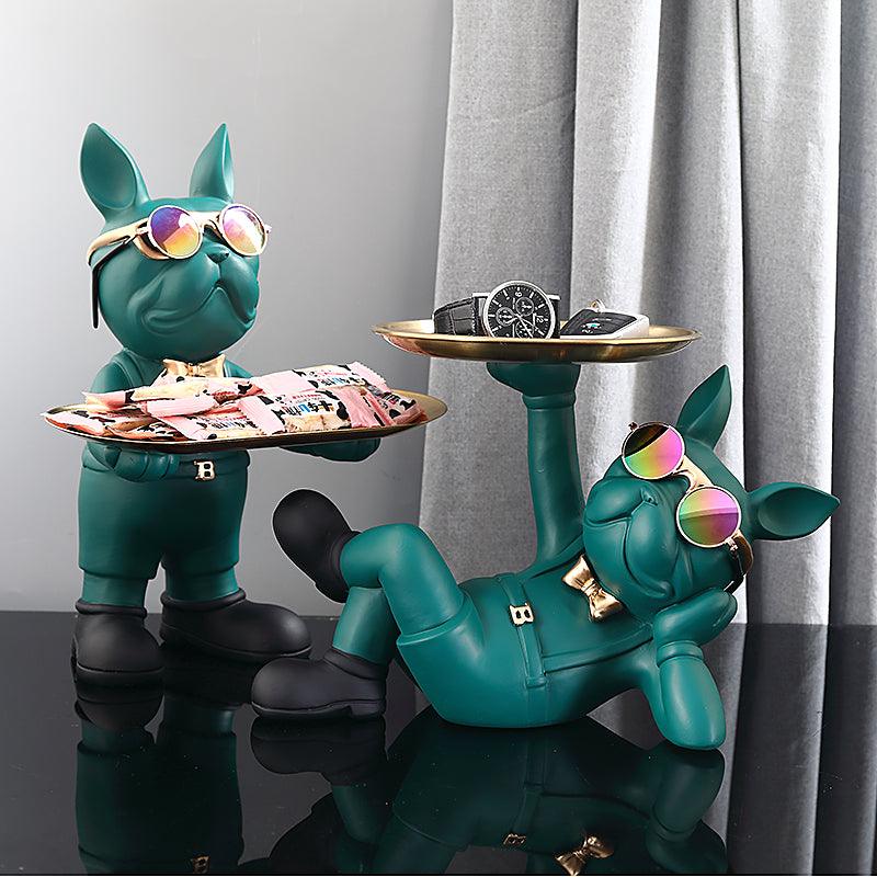 Escultura Bulldog Resina com Bandeja